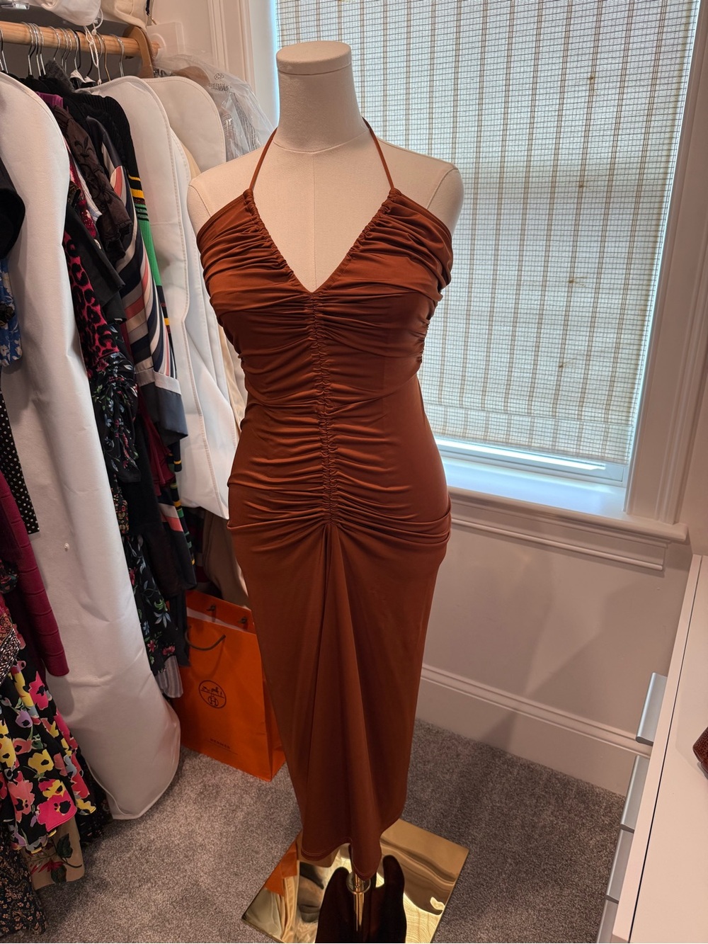 Veronica Beard Ruched Brown Halter Midi Dress - Women's Evening Dress Size 8
